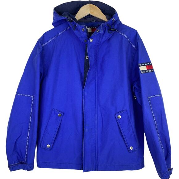 Vintage 90s Tommy Hilfiger Regatta Sailing Jacket Blue Hooded Windbreaker Mens S - Picture 1 of 11
